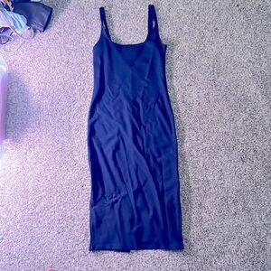 Navy blue midi dress. It is about knee length.